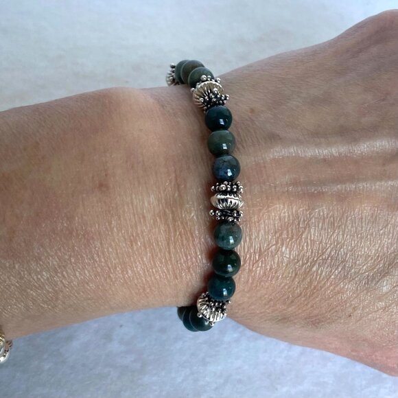 Sterling Silver 925 Round Green Moss Agate Beaded Bracelet Sz 6.75" - Picture 2 of 16